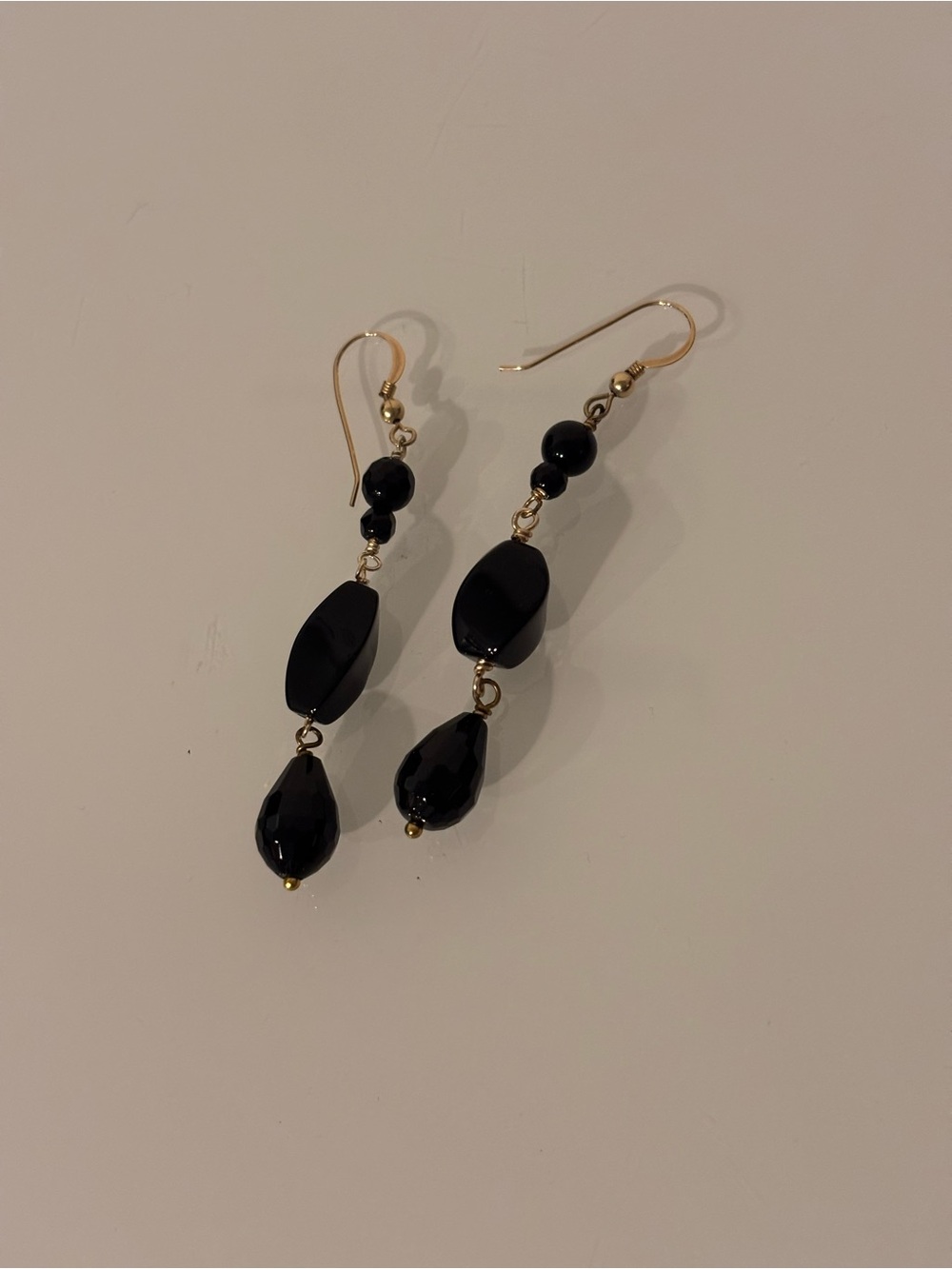 Black Beaded Long Dangle Drop Earrings Gold Tone Statement
